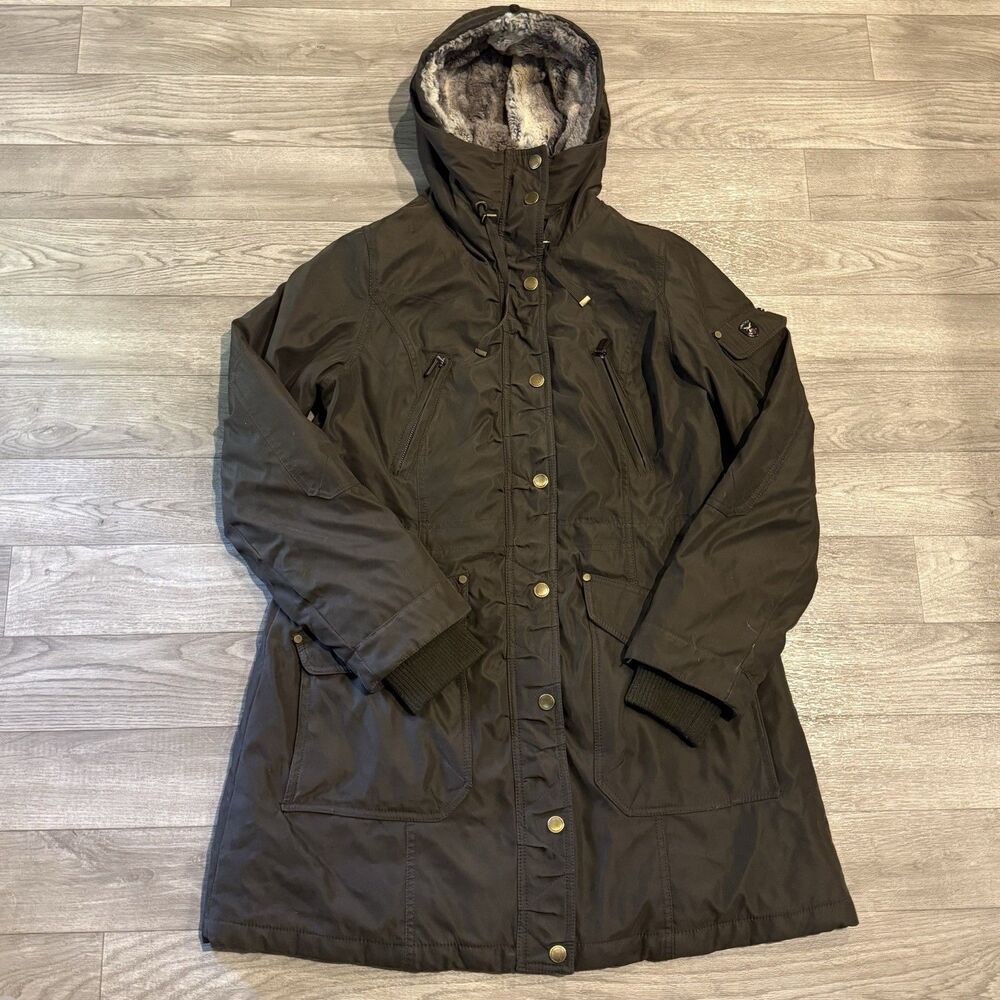 1 Madison Expedition Womens M Faux Fur Hooded Utility Parka Coat Brown OME424711